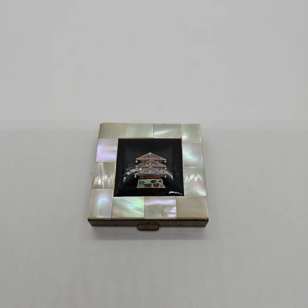 vintage mother of pearl inlay powder compact with pagoda